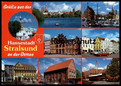 POSTKARTE HANSESTADT STRALSUND AN DER OSTSEE Toyota Starlet Nissan Micra Opel Kadett Volkswagen Passat VW car postcard