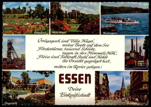 ÄLTERE POSTKARTE ESSEN DEINE EINKAUFSSTADT GEDICHT GRUGAPARK UND VILLA HÜGEL poem poème Zeche Mine Fördertum coal-mine