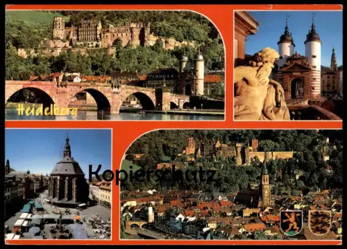 POSTKARTE HEIDELBERG SCHLOSS NECKAR BRÜCKE MARKT market marché Wappen castle chateau bridge pont postcard Ansichtskarte