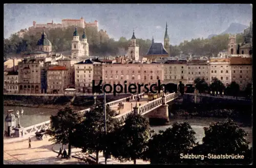 ALTE KÜNSTLER POSTKARTE SALZBURG AUSTRIA STAATSBRÜCKE MIT STRASSENBAHN Tram Tramway Straßenbahn Huttegger Ansichtskarte