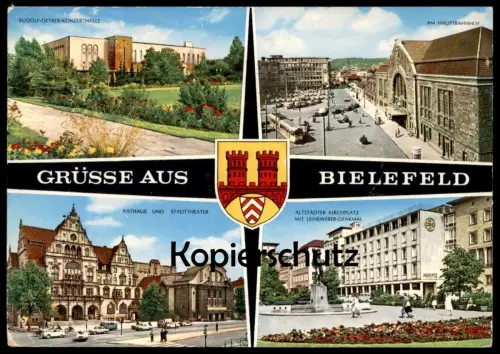 ÄLTERE POSTKARTE BIELEFELD KONZERTHALLE THEATER HAUPTBAHNHOF LEINEWEBER DENKMAL Monument Wappen Blason Coat of arms AK
