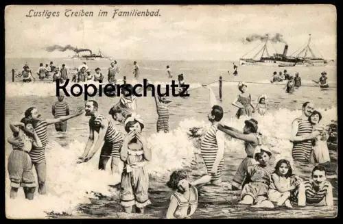 ALTE POSTKARTE LUSTIGES TREIBEN IM FAMILIENBAD Heringsdorf Dampfer Steam Fotomontage Montage Photo Surrealisme Usedom