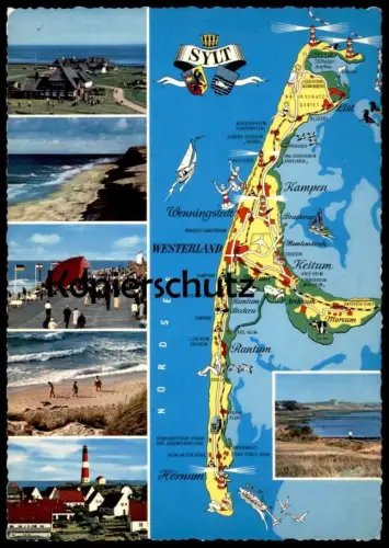 POSTKARTE SYLT LANDKARTE KEITUM RANTUM LEUCHTTURM Phare Lighthouse Map carte géographique Nordsee North Sea Mer du nord