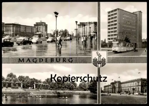 ÄLTERE POSTKARTE MAGDEBURG HOCHHAUS Strassenbahn Tramway Motorrad Beiwagen side car Motocyclette Motorbike Motorcycle