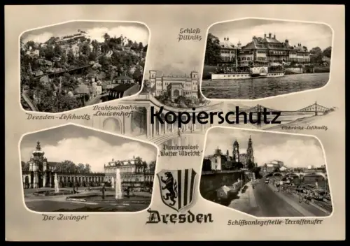 ÄLTERE POSTKARTE DRESDEN PIONIERPALAST WALTER ULBRICHT LOSCHWITZ ZWINGER PILLNITZ TERASSENUFER DRAHTSEILBAHN Bahn Train