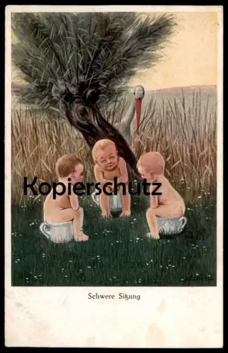 ALTE POSTKARTE SCHWERE SITZUNG HUMOR Humour Enfant Enfants Bébé Baby Pot de chambre Cigogne Stork Nachttopf Chamber pot
