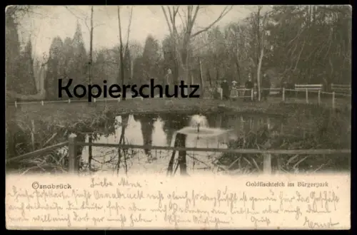 ALTE POSTKARTE OSNABRÜCK GOLDFISCHTEICH IM BÜRGERPARK 1903 Uniform Polizist Familie uniforme Ansichtskarte cpa postcard