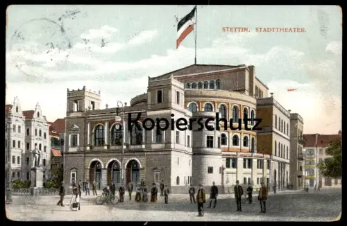 ALTE POSTKARTE STETTIN POMMERN SZCZECIN STADTTHEATER THEATER THEATRE Bicycle Vélo Fahrrad Flag Flagge cpa postcard AK