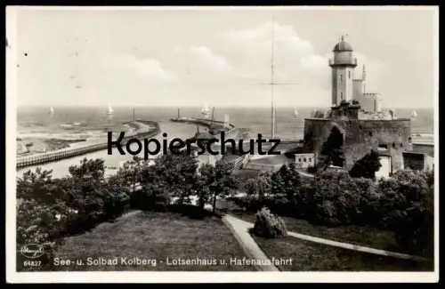 ALTE POSTKARTE KOLBERG LOTSENHAUS & HAFENAUSFAHRT 1936 COLBERG KOLOBRZEG POMMERN See- und Solbad Stempel Bauerhufen AK