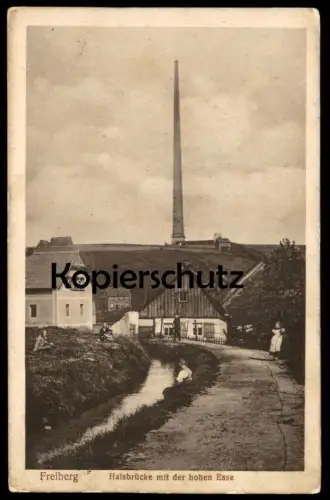 ALTE POSTKARTE FREIBERG HALSBRÜCKE MIT DER HOHEN ESSE SERIE XV LANDSCHAFTEN KIND KINDER Junge Mädchen Schornstein 1914