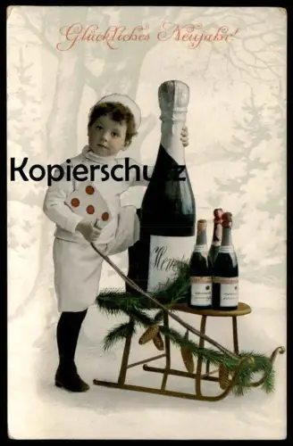 ALTE POSTKARTE GLÜCKLICHES NEUJAHR KIND MIT SCHLITTEN & SEKT Champagne Sleigh sparkling wine montage photo surrealsime