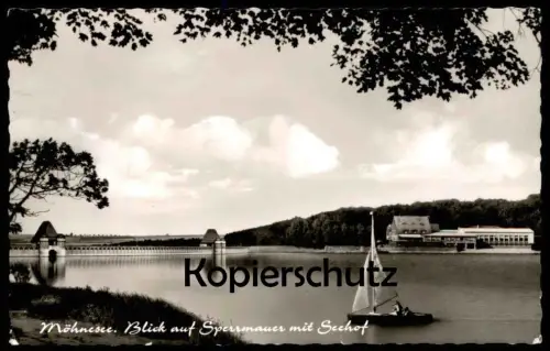 ÄLTERE POSTKARTE MÖHNESEE BLICK AUF SPERRMAUER MIT SEEHOF Restaurant Ruf Körbecke Möhnetalsperre Talsperre Ansichtskarte