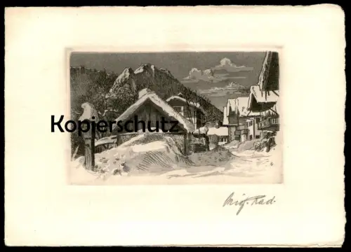 ÄLTERE KÜNSTLER KARTE GARMISCH-PARTENKIRCHEN FRÜHLINGSSTRASSE IM WINTER SCHNEE ORIGINAL RADIERUNG Doppelkarte Klappkarte