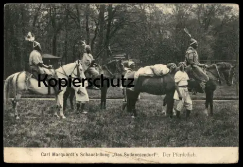 ALTE POSTKARTE CARL MARQUARDT'S SCHAUSTELLUNG DER PFERDEDIEB SUDANESENDORF SENNELAGER Leopard-Fell Sudan indigene native