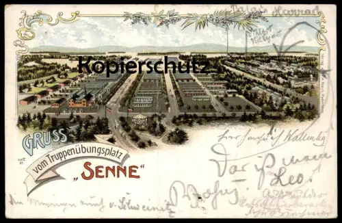 ALTE LITHO POSTKARTE GRUSS VOM TRUPPENÜBUNGSPLATZ SENNE Sennelager Paderborn barracks casern caserne Kaserne AK postcard