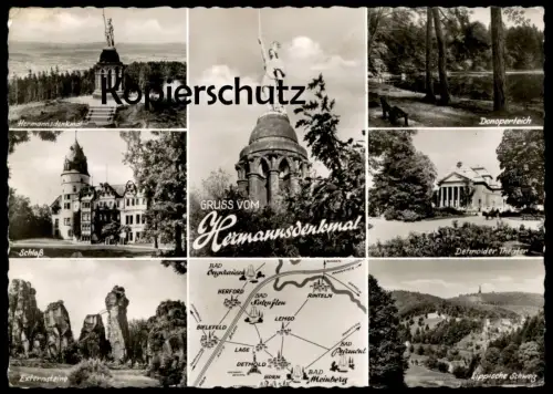 ÄLTERE POSTKARTE GRUSS VOM HERMANNSDENKMAL DETMOLD Lippische Schweiz Donoper Teich Landkarte Herford Rinteln Lemgo map