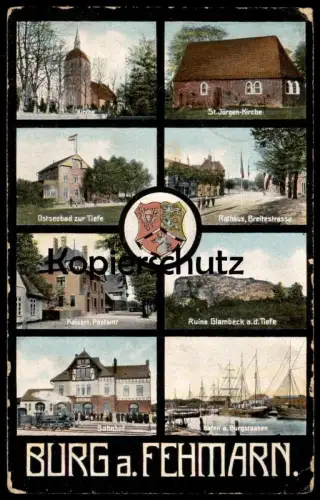 ALTE POSTKARTE BURG AUF FEHMARN BAHNHOF MIT DAMPFLOK BREITESTRASSE KAISERLICHES POSTAMT BURGSTAAKEN GLAMBECK AK cpa