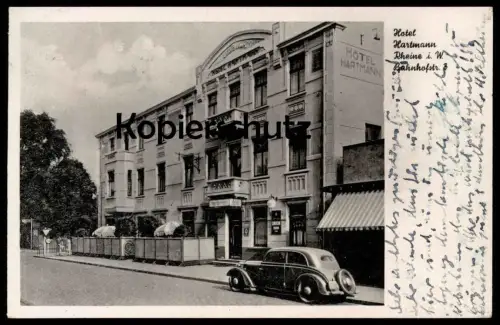 ALTE POSTKARTE RHEINE HOTEL HARTMANN BAHNHOFSTRASSE Auto Voiture Reklame Blechschild Union Bier Ansichtskarte AK cpa