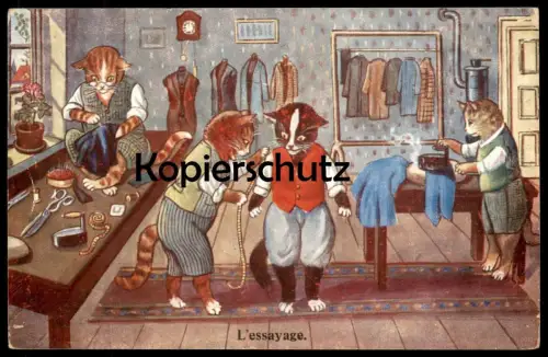 ALTE POSTKARTE L'ESSAYAGE VERMENSCHLICHTE KATZEN ANPROBE KATZE CAT chats humanized cats Tailleur Schneider Dressmaker