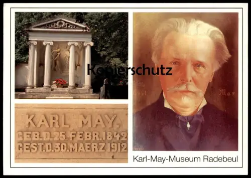 POSTKARTE KARL MAY MUSEUM RADEBEUL Ruhestätte auf Friedhof Funeral Cemetery Cimetière Porträt Ansichtskarte cpa postcard