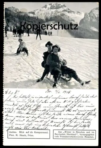 ALTE POSTKARTE ASCHAU BLICK AUF DIE KAMPENWAND 1915 SKI RODEL FREMDENVERKEHRSVEREIN MÜNCHEN LUGE SLEIGH Schlitten Winter