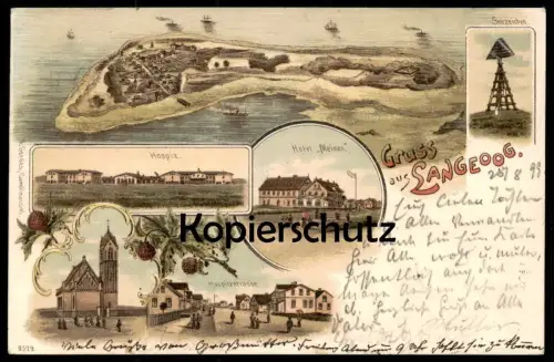 ALTE LITHO POSTKARTE GRUSS AUS LANGEOOG 1899 HOTEL MEINEN SEEZEICHEN HOSPIZ HOSPITZSTRASSE KIRCHE Ansichtskarte AK cpa