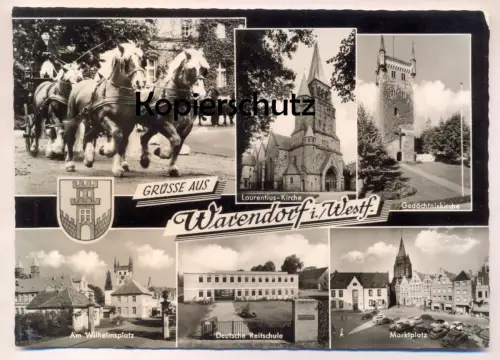 ÄLTERE POSTKARTE GRÜSSE AUS WARENDORF MARKTPLATZ REITSCHULE KIRCHE Vierspänner Attelage à quatre Four-in-hand Horse cpa