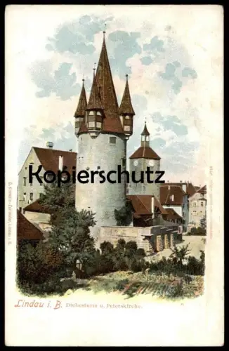 ALTE LITHO POSTKARTE LINDAU IM BODENSEE DIEBESTURM UND PETERSKIRCHE Turm tower Kirche church église Ansichtskarte AK cpa