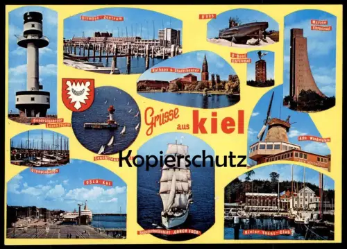 POSTKARTE GRÜSSE AUS KIEL U-Boot 995 Marine Ehrenmal Leuchtturm Leuchtfeuer Oslo-Kai Yacht Club Ansichtskarte AK cpa