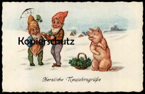 ALTE POSTKARTE ZWERGE & SCHWEIN NEUJAHRSGRÜSSE Zwerg Neujahr New Year Bonne année dwarf midget pig nain porc Gnom cpa
