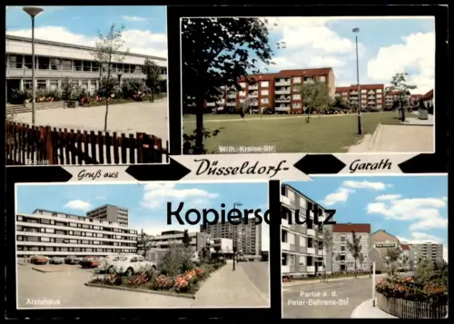 ÄLTERE POSTKARTE DÜSSELDORF-GARATH SCHULE WILHELM-KREISS-STRASSE PETER-BEHRENS-STRASSE ÄRZTEHAUS VW Volkswagen Käfer