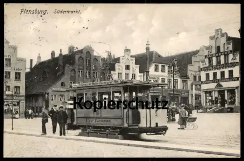 ALTE POSTKARTE FLENSBURG SÜDERMARKT STRASSENBAHN NR. 5 Hafermarkt Holm Apenrader Str. Tram Tramway Central-Theater Wurst