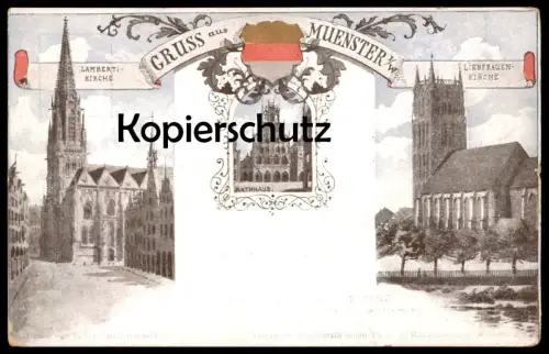 ALTE POSTKARTE GRUSS AUS MÜNSTER LAMBERTIKIRCHE RATHAUS LIEBFRAUENKIRCHE Wappen Blason Kirche Kirchen Church église cpa