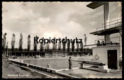 ÄLTERE POSTKARTE HERFORD FREIBAD Schwimmer Sprungturm Schwimmbad Piscine Swimming Pool Bad Ansichtskarte AK cpa postcard