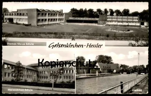ÄLTERE POSTKARTE GELSENKIRCHEN-HESSLER THOMAS MORUS-SCHULE MELANCHTHON-SCHULE FREIBAD Bad swimming pool cpa postcard AK