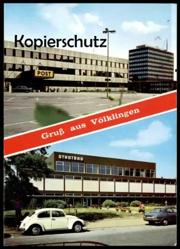ÄLTERE POSTKARTE GRUSS AUS VÖLKLINGEN SAAR POST STADTBAD indoor swimming pool Volkswagen VW Käfer AK Ansichtskarte cpa