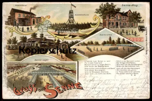 ALTE LITHO POSTKARTE GRUSS AUS DER SENNE TRUPPENÜBUNGSPLATZ SENNELAGER PADERBORN SOLDATEN WACHTLOCAL SENNEKRUG Soldat AK