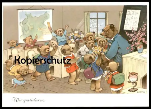 ÄLTERE POSTKARTE TEDDYBÄRENSCHULE TEDDY BÄR EULE OWL School Beer Bear Ours Oso Nounours Bären Ansichtskarte cpa postcard