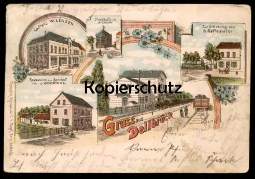 ALTE LITHO POSTKARTE GRUSS AUS KÖLN DELLBRÜCK BAHNHOF KAUFHAUS TRINKHALLE LENZEN RESTAURATION ODENTHAL Station Gare cpa