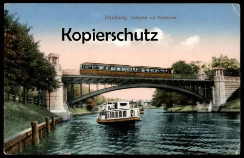 ALTE POSTKARTE HAMBURG WINTERHUDE LEINPFAD MIT HOCHBAHN BAHN SCHIFF Train Zug Lokomotive Feldpost 1915 cpa postcard AK