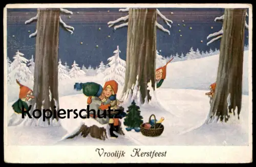 ALTE POSTKARTE ZWERGE VROOLIJK KERSTFEEST ZWERG Liebespaar dwarf midget nains nain hiver snow Schnee neige love couple