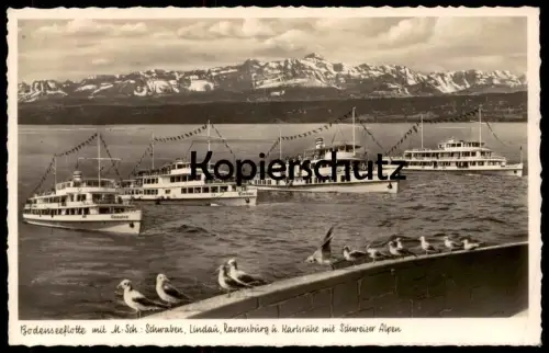 ALTE POSTKARTE BODENSEESCHIFFE MS SCHWABEN LINDAU RAVENSBURG KARLSRUHE Schweizer Alpen Schiff Ship Bateau cpa postcard