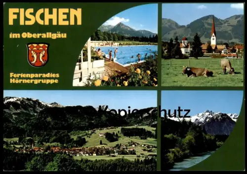 POSTKARTE FISCHEN IM OBERALLGÄU FERIENPARADIES HÖRNERGRUPPE Kühe Kuh Cow Wappen Freibad Piscine Swimming Pool