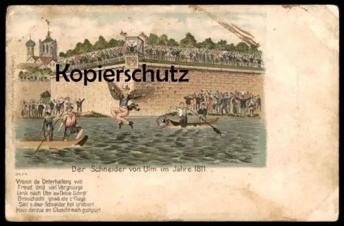 ALTE LITHO POSTKARTE DER SCHNEIDER VON ULM IM JAHRE 1811 STEMPEL 1899 Sage Märchen fairy tale légende mythe myth legend