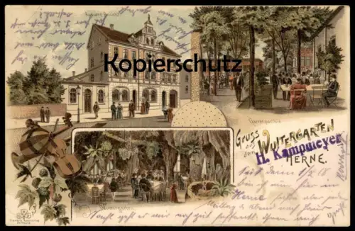 ALTE LITHO POSTKARTE GRUSS AUS DEM WINTERGARTEN KAMPMEYER HERNE ÄUSSERE ANSICHT GARTENPARTIE Violine Geige violin AK
