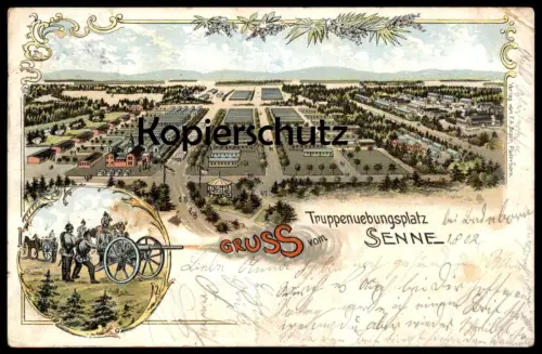 ALTE LITHO POSTKARTE GRUSS VOM TRUPPENUEBUNGSPLATZ SENNE SENNELAGER PADERBORN SOLDATEN GESCHÜTZ soldats soldiers cannon
