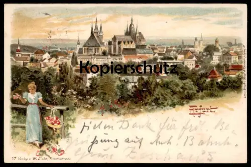 ALTE LITHO POSTKARTE ERFURT 1901 MÄDCHEN BLUMEN woman with flowers femme avec des fleurs Ansichtskarte AK postcard cpa