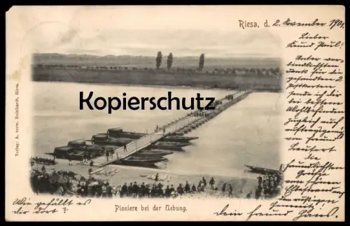 ALTE POSTKARTE RIESA PIONIERE BEI DER ÜBUNG PONTON Brücke bridge pont sapper sapeur military Soldaten AK postcard