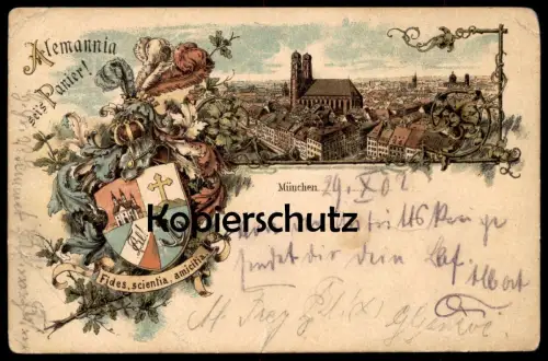 ALTE LITHO POSTKARTE MÜNCHEN STUDENTICA STUDENTIKA ALEMANNIA SEI'S PANIER Fides scientia amicitia Ansichtskarte postcard