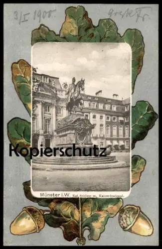 ALTE POSTKARTE MÜNSTER WESTFALEN KGL. SCHLOSS MIT KAISERDENKMAL castle monument Eiche oak chene akorn cpa postcard AK
